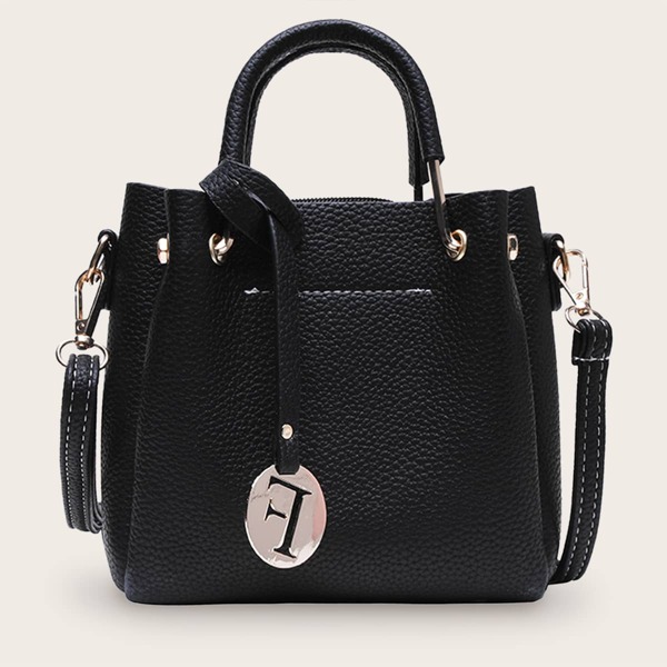

Pebble Detail Letter Decor Satchel Bag, Black