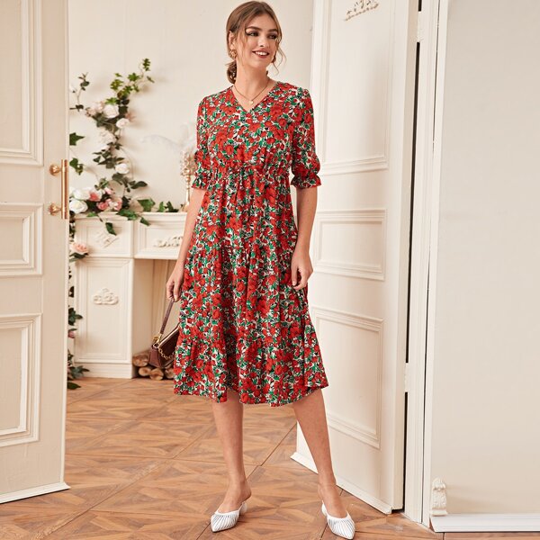 

Floral Print Drawstring Waist Dress, Multicolor