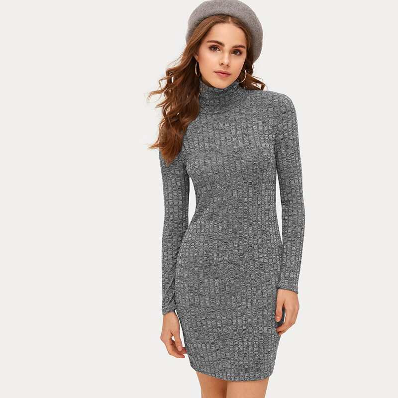 

High Neck Textured Knit Bodycon Dress, Grey