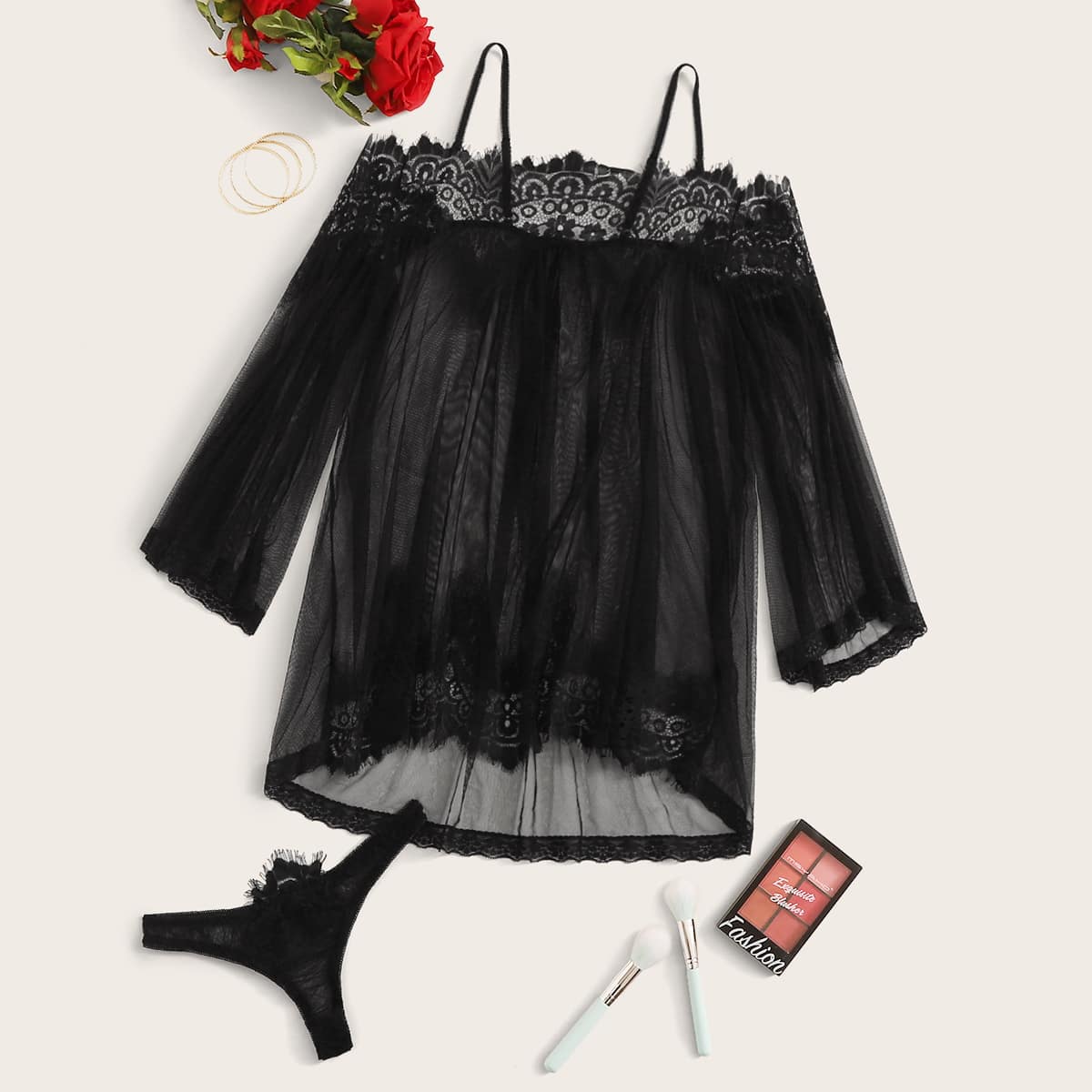 

Contrast Lace Mesh Long Sleeve Dress With Thong, Black