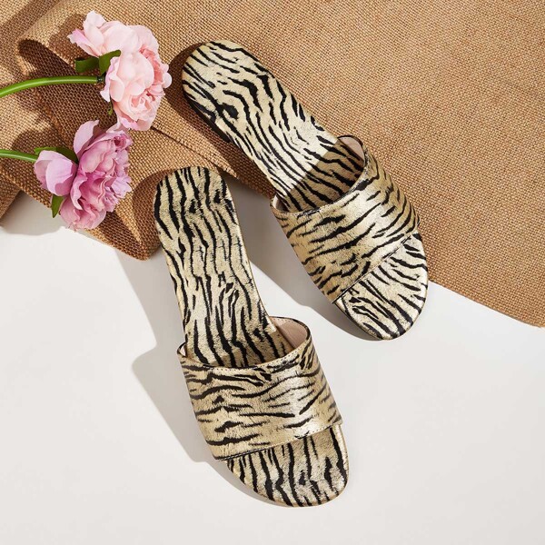 

Tiger Striped Open Toe Sliders, Gold