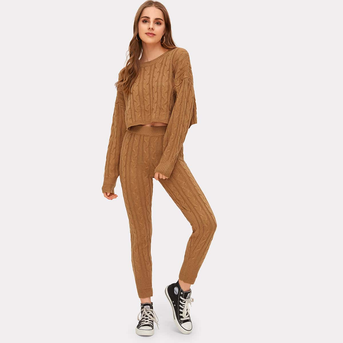 

Joyfunear Drop Shoulder Cable Knit Crop Top & Pants Set, Orange