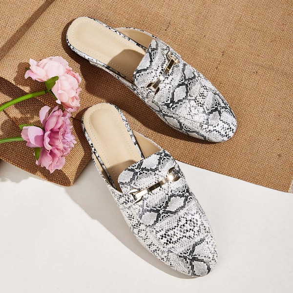 

Metal Decor Snakeskin Loafer Mules, Multicolor