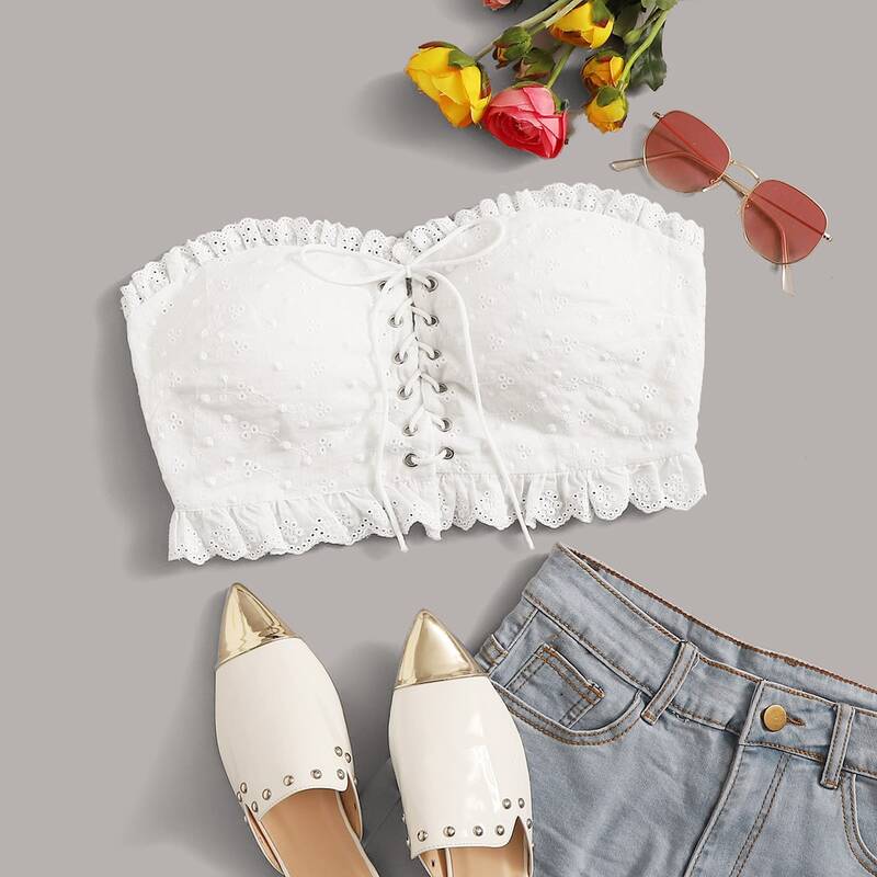 

Lace Up Front Frill Trim Bandeau Top, White