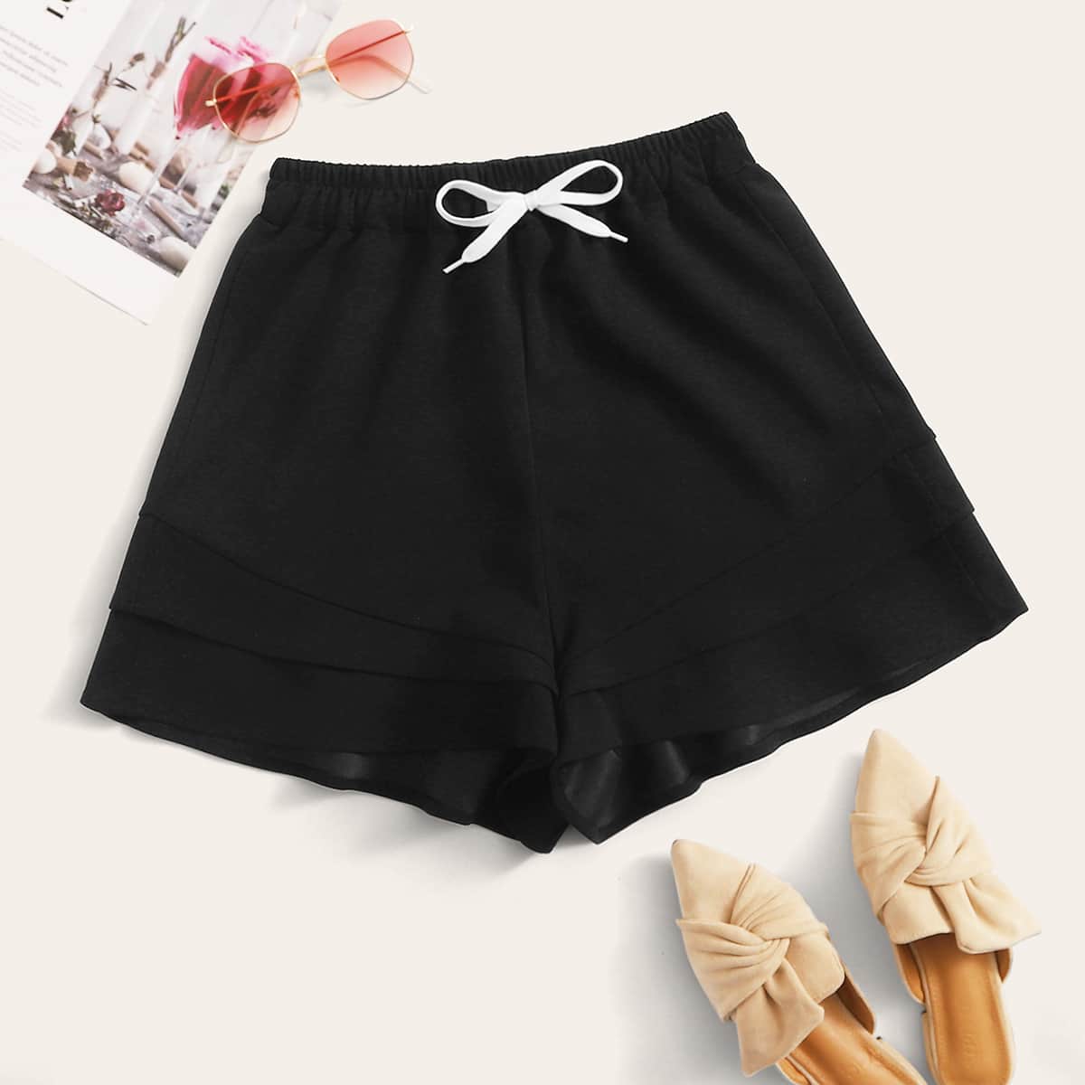 

Tie Front Elastic Waist Shorts, Black