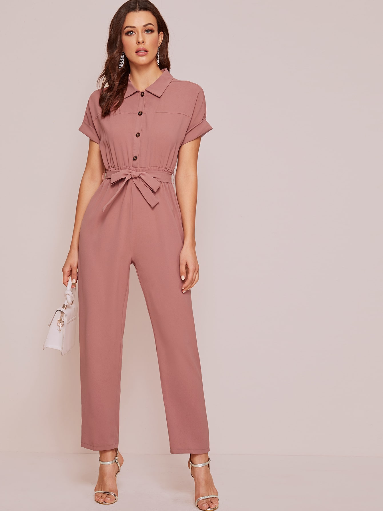 Button Front Self Tie Shirt Jumpsuit pictures