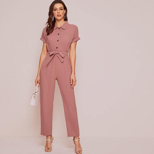 

Button Front Self Tie Shirt Jumpsuit, Pink