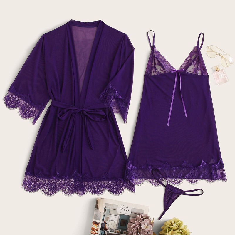 

3pack Contrast Lace Mesh Slips With Thong & Belted Robe, Purple