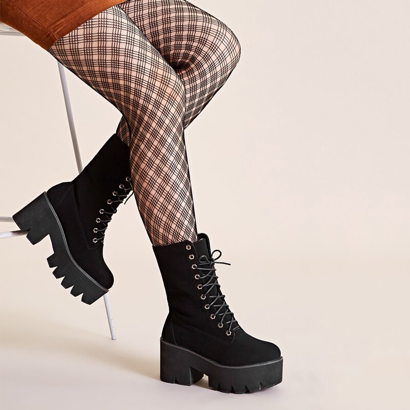 

Lace-up Front Platform Chunky Boots, Black