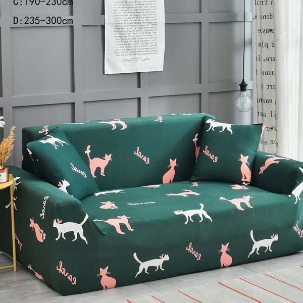 

1pc Cat Print Sofa Cover, Green