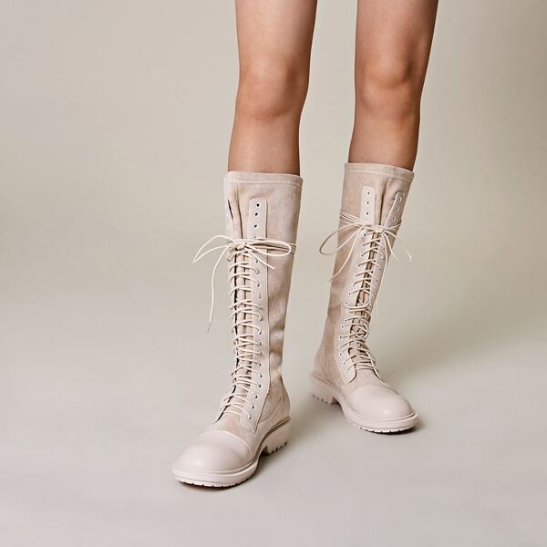 

Lace-up Front Mid Calf Boots, Beige
