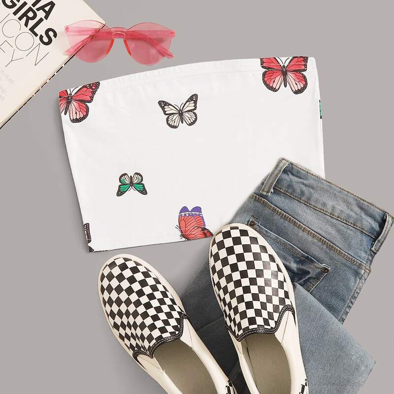 

Butterfly Print Tube Top, White