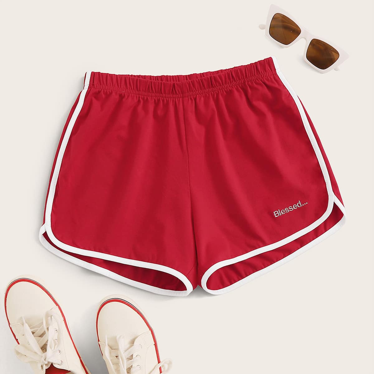 

Letter Embroidery Dolphin Shorts, Red