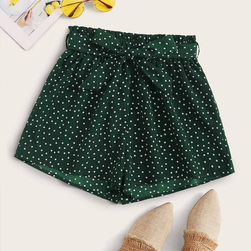 

Polka Dot Self Tie Paperbag Shorts, Green