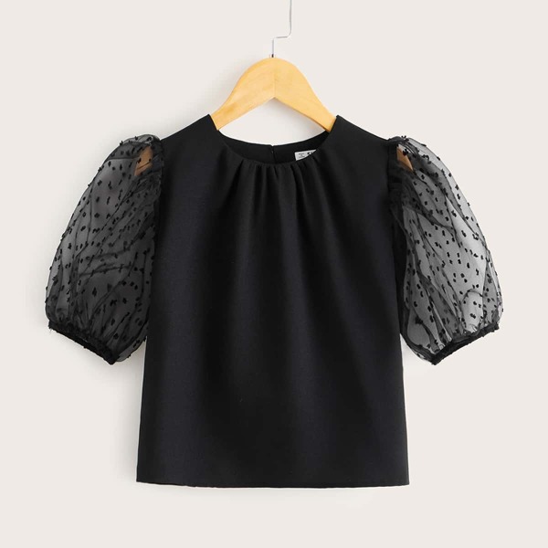 

Girls Swiss Dot Mesh Sleeve Top, Black