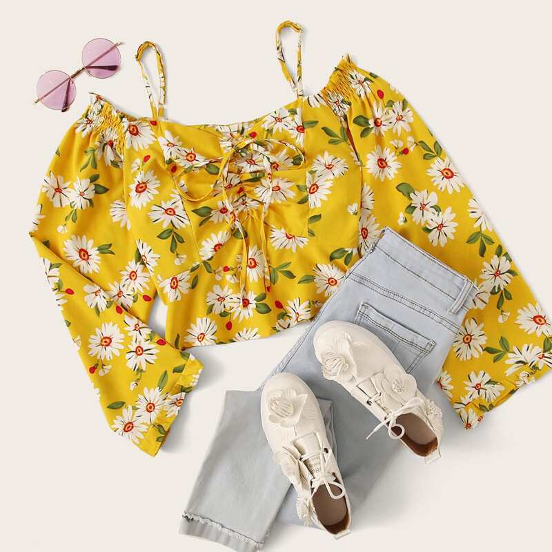 

Daisy Print Drawstring Front Open Shoulder Blouse, Yellow