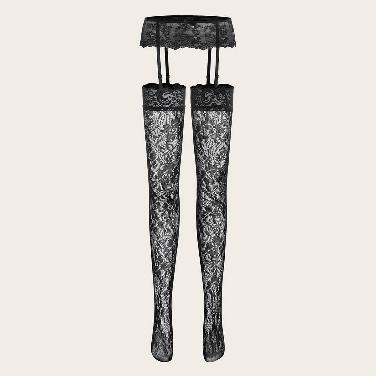

Floral Lace Choker & Stockings, Black