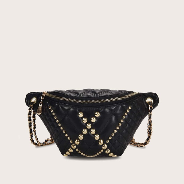 

Studded Decor Quilted Fanny Pack, Black