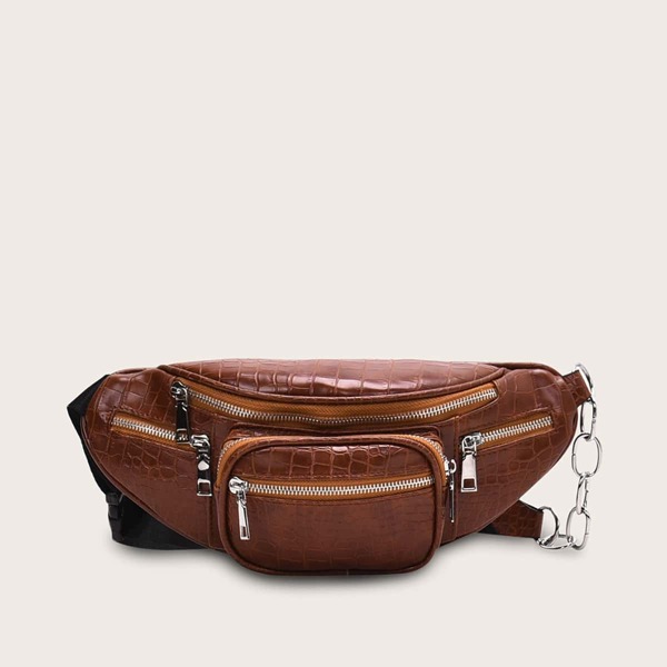 

Croc Embossed Pocket Front Fanny Pack, Brown