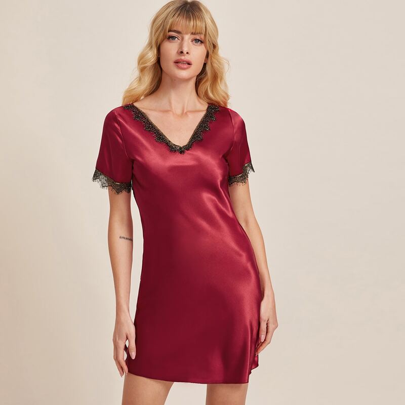 

Lace Trim Satin Night Dress, Burgundy