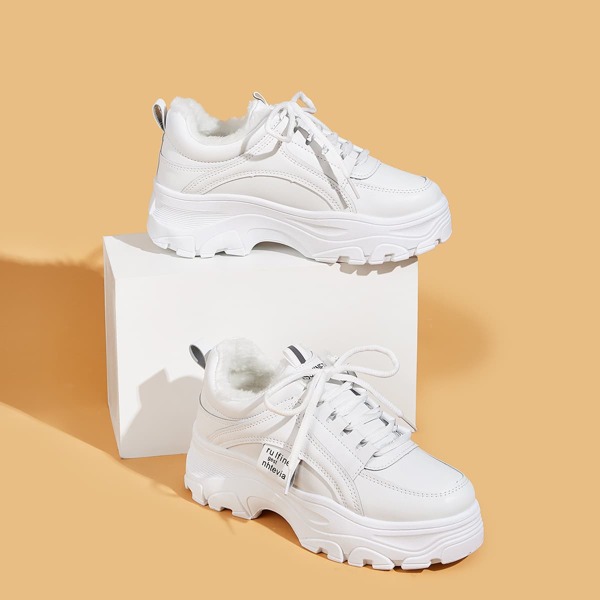 

Faux Fur Lined Lace-up Front Chunky Sneakers, White