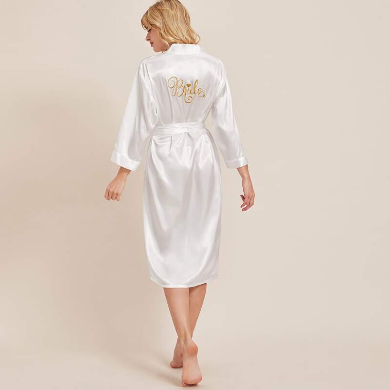 

Letter Embroidery Belted Satin Robe, White