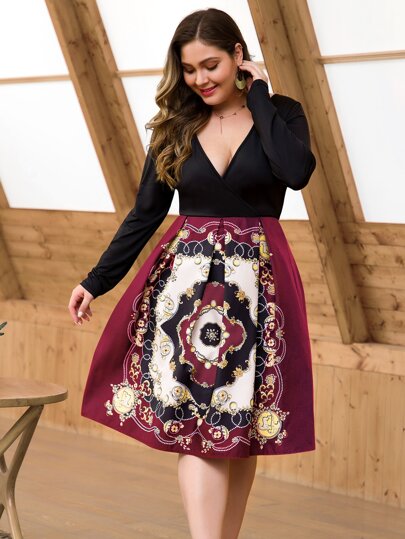 Plus Scarf Print Deep V-neck Dress