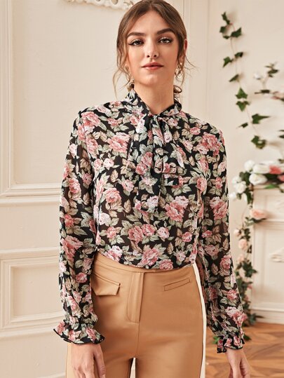 Tie Neck Floral Print Blouse