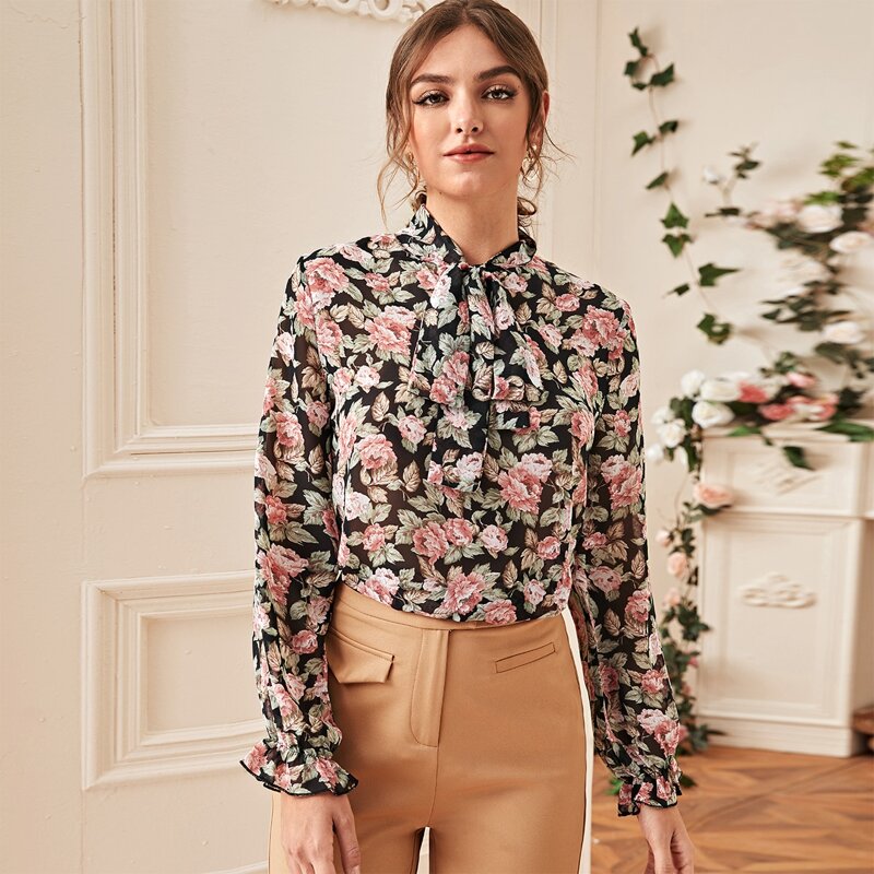 

Tie Neck Floral Print Blouse, Multicolor