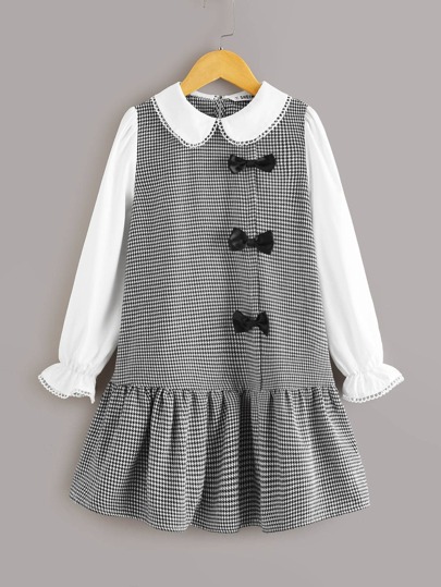 Girls Peter-pan Collar Flounce Sleeve Bow Detail Houndstooth Dress
