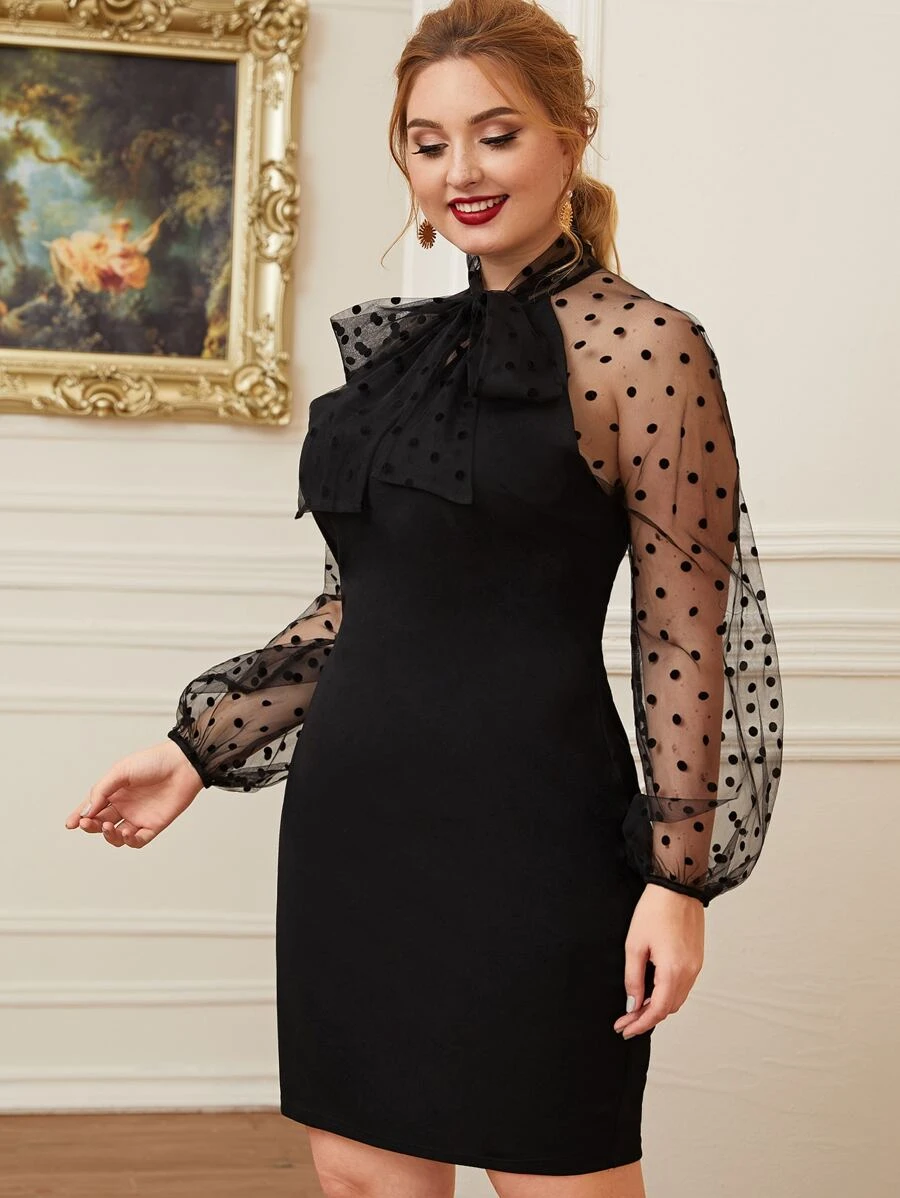 SHEIN Privé Plus Tie Neck Dobby Mesh Raglan Sleeve Dress - Black - View 1