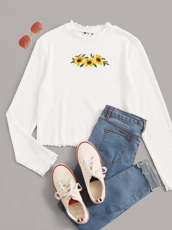 

Plus Lettuce Trim Floral Embroidery Top, White