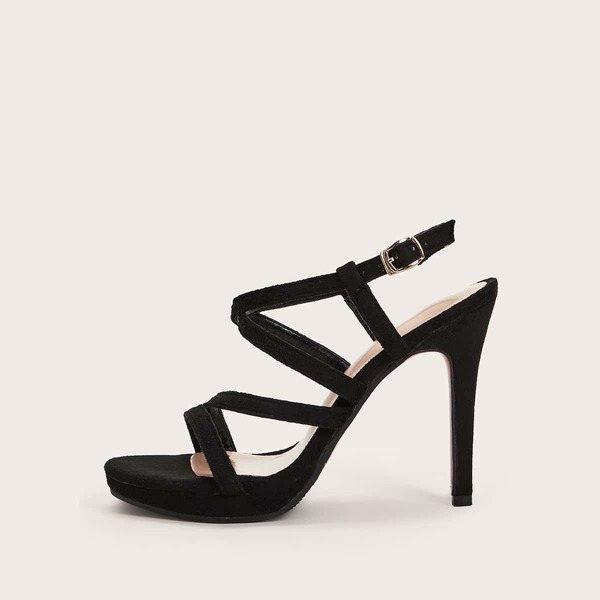 

Strappy Open Toe Suede Stiletto Heels, Black