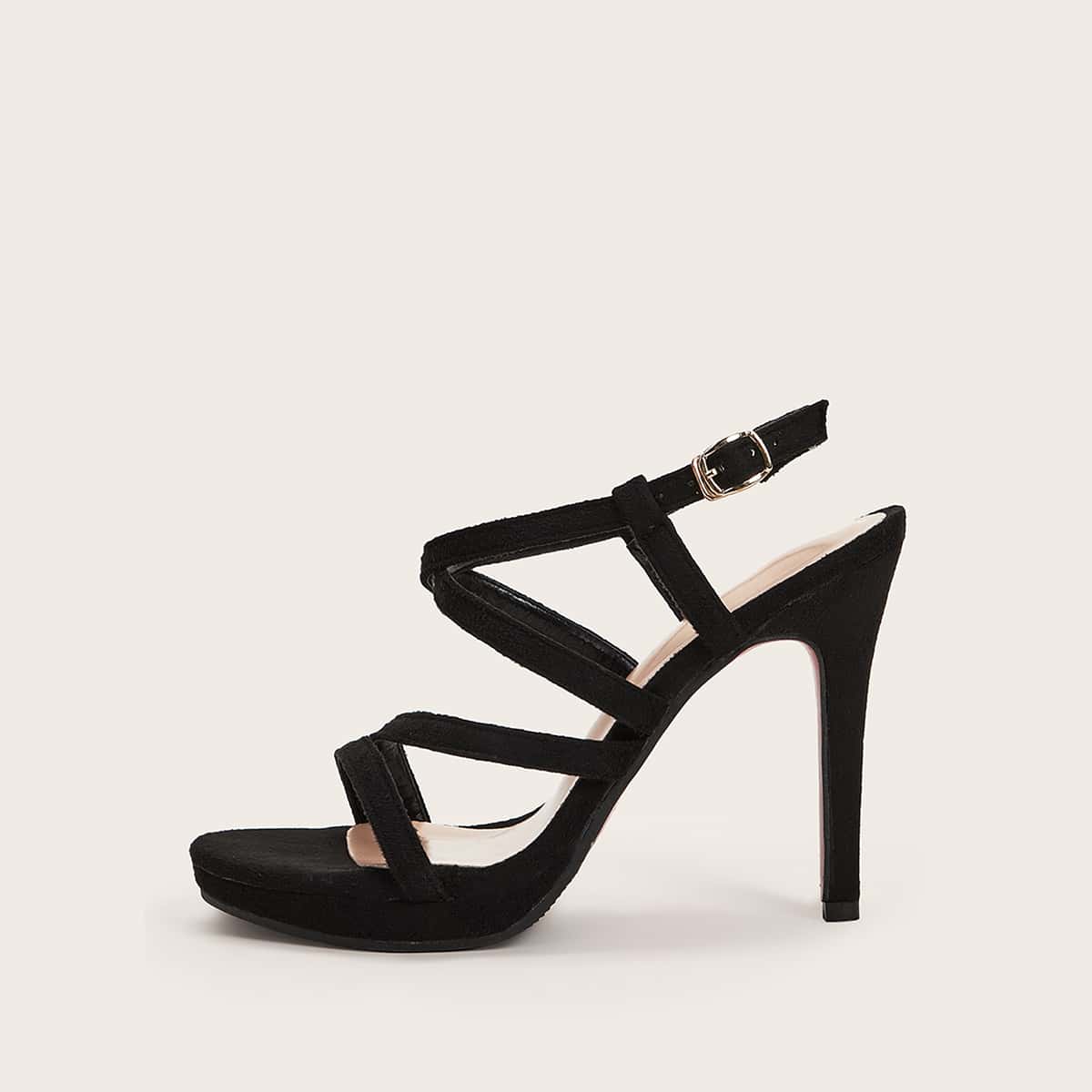 

Strappy Open Toe Suede Stiletto Heels, Black