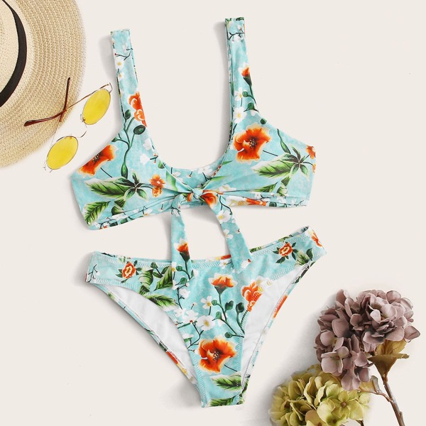 

Floral Print Knot Front Bikini Set, Multicolor