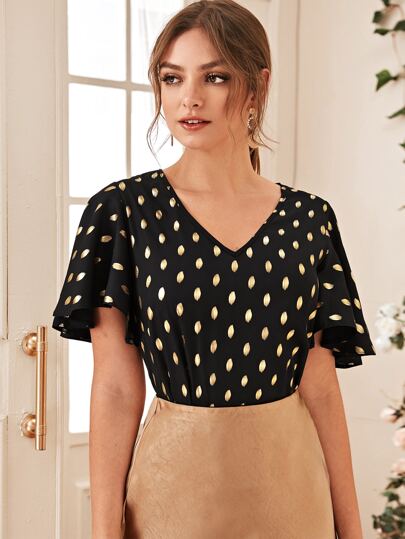 Polka Dot Butterfly Sleeve Blouse