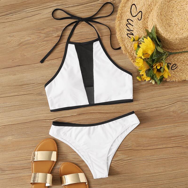 

Contrast Mesh Halter Bikini Set, Black and white