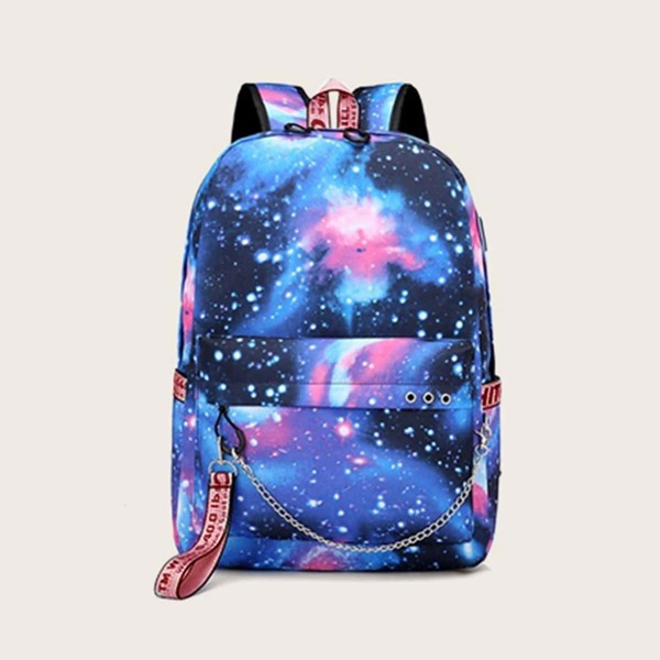 

Men Chain Decor Galaxy Graphic Backpack, Multicolor