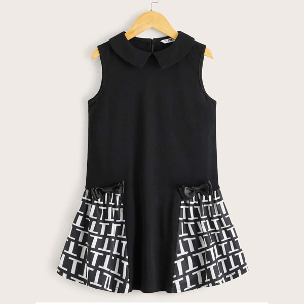 

Girls Peter-pan Collar Bow Detail Letter Panel Dress, Black