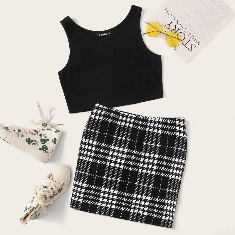 

Rib-knit Solid Tank Top & Plaid Skirt Set, Black and white