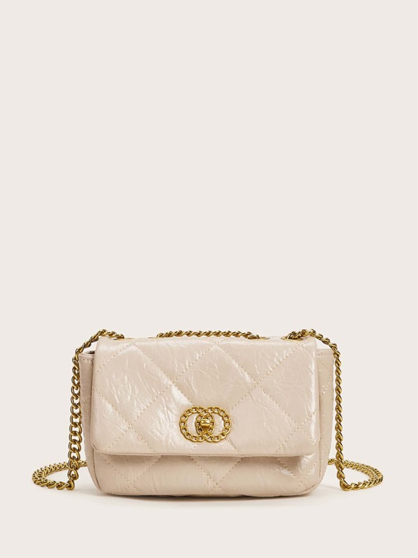 

Metal Chain Decor Quilted Crossbody Bag, Beige
