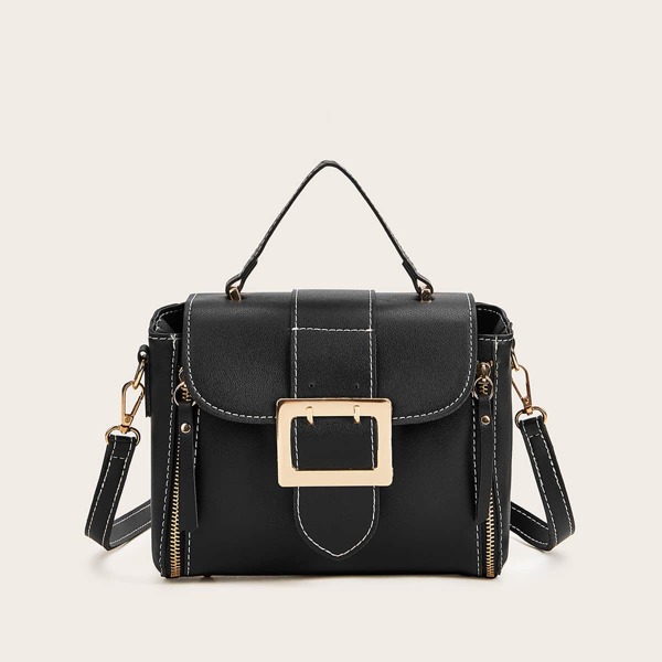 

Buckle Decor Zip Front Satchel Bag, Black