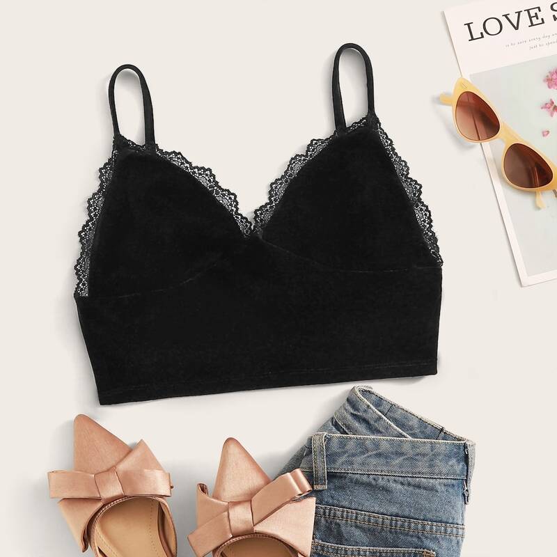 

Lace Detail Crop Velvet Bustier Top, Black