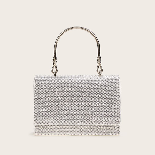 

Metallic Rhinestone Decor Satchel Bag, Silver