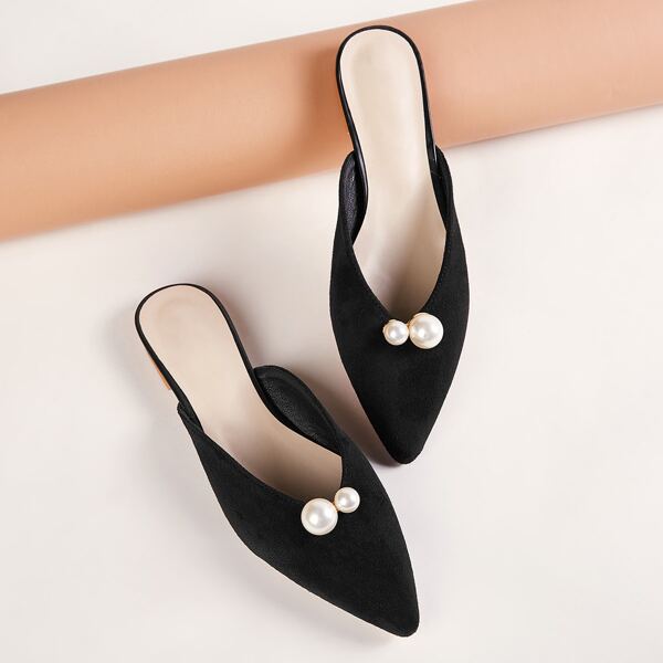 

Point Toe Faux Pearl Decor Flat Mules, Black