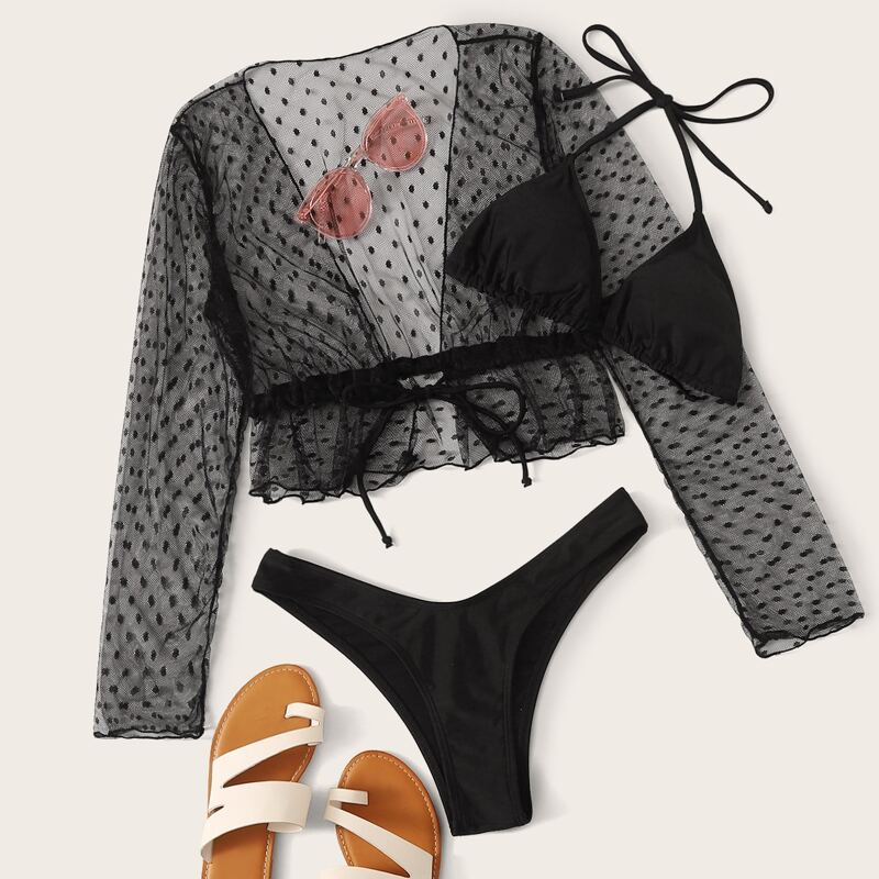 

3pcs Triangle Top With High Cut Bikini Set & Mesh Kimono, Black