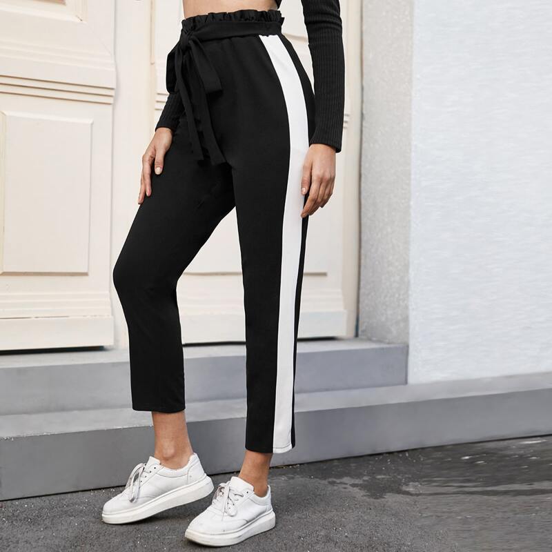 

Paperbag Waist Contrast Panel Pants, Black