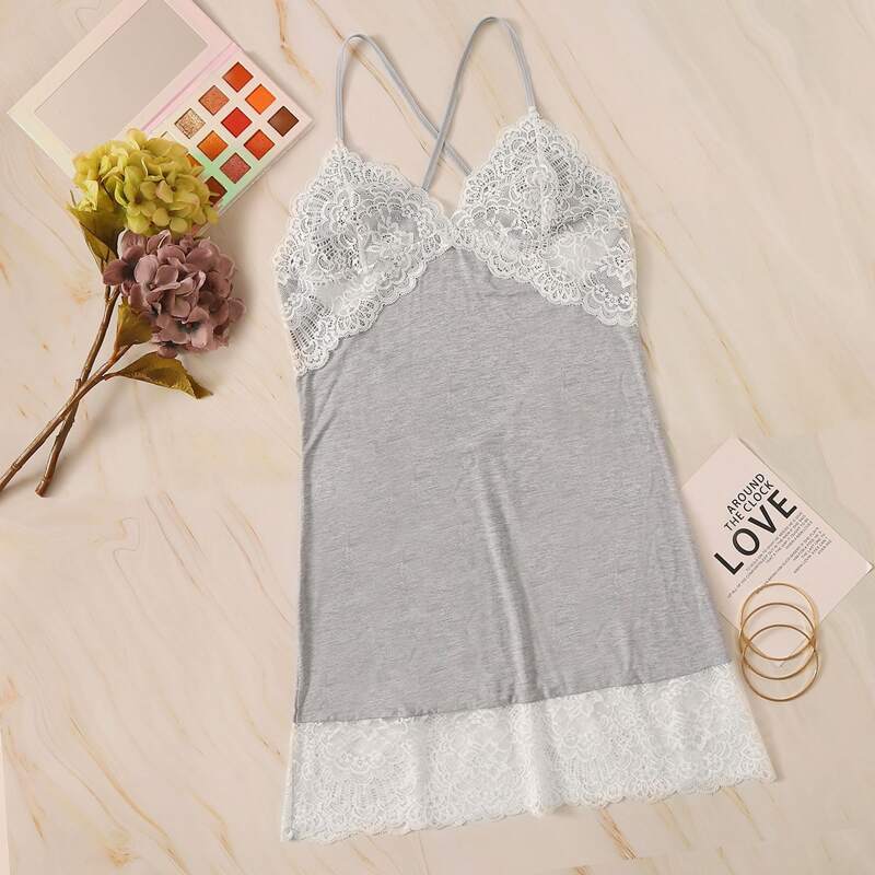 

Contrast Lace Cami Night Dress, Grey