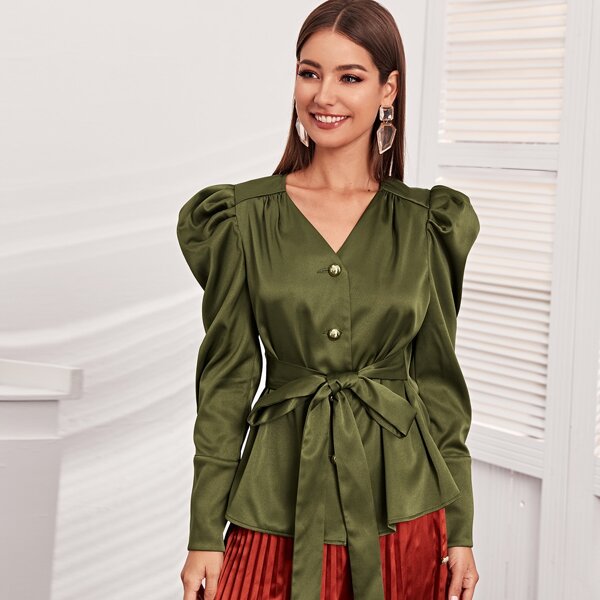

Leg-of-mutton Sleeve Tie Front Blouse, Army green