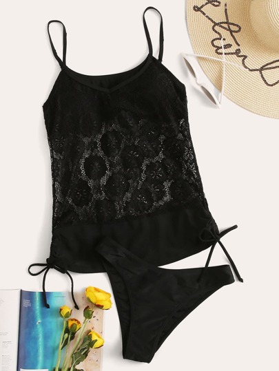 Contrast Lace Tie Side Top With High Cut Tankini